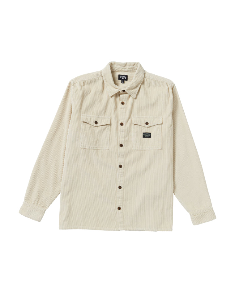 Beige corduroy long-sleeve button-up shirt with two chest pockets, buttoned cuffs, and a classic collar for a casual look.