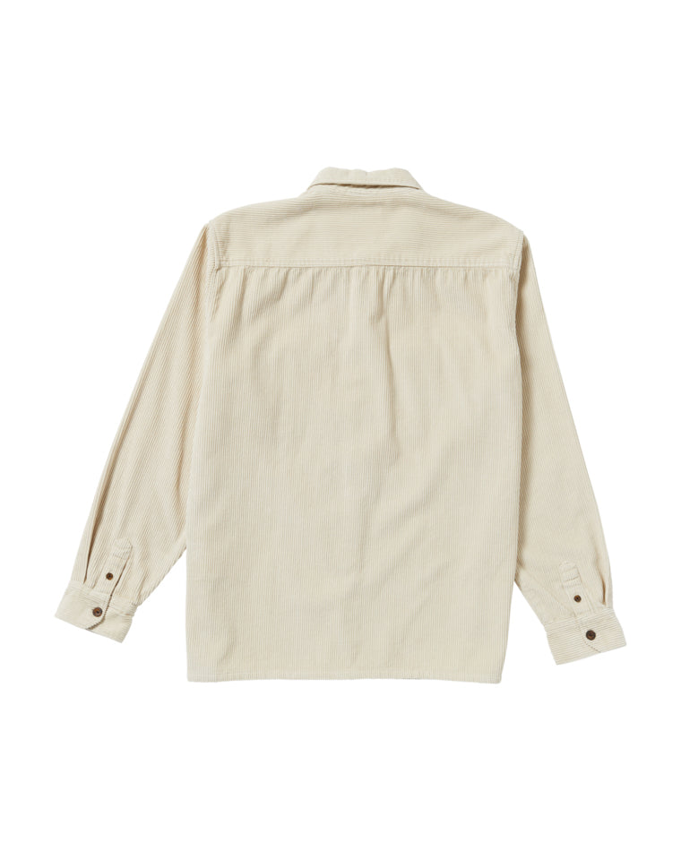 Back view of a beige corduroy long-sleeve shirt with a classic collar, buttoned cuffs, and a relaxed fit for casual wear.