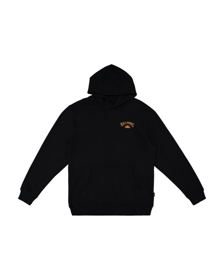 Plain front view of black hoodie with kangaroo pocket and small Billabong logo on chest.