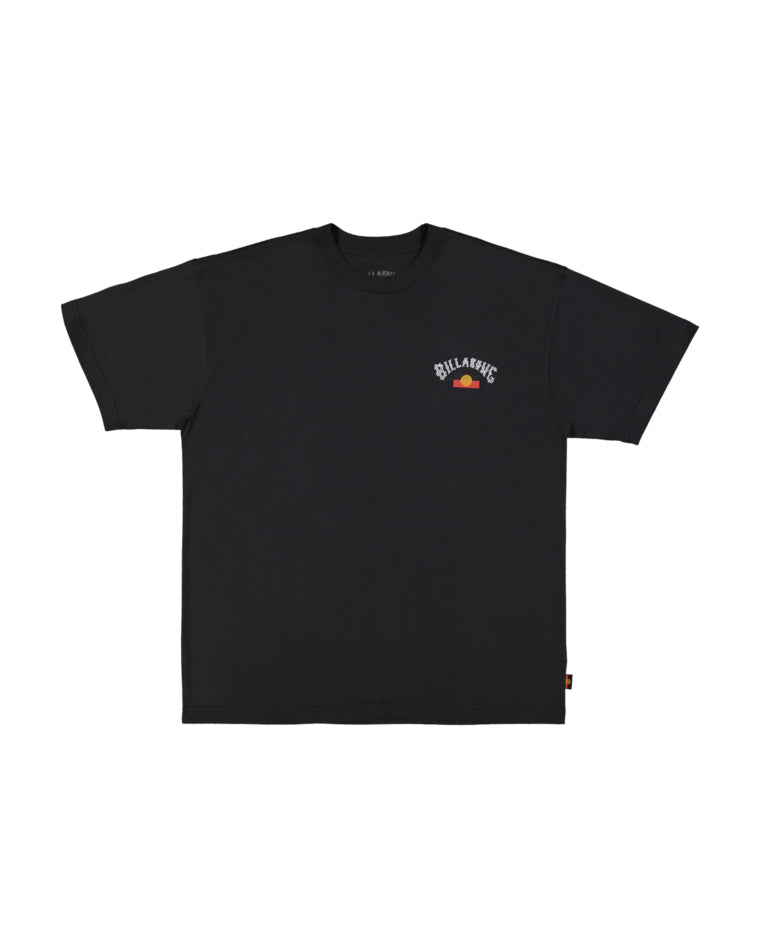 Black Billabong t-shirt with small Indigenous-inspired Billabong logo and red-yellow sun graphic on left chest.