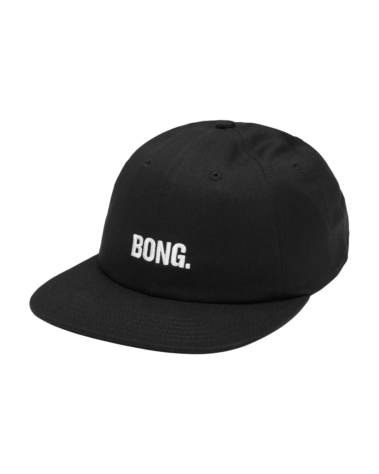 Black snapback cap with white embroidered "BONG." text on the front, featuring a structured six-panel design and flat brim.