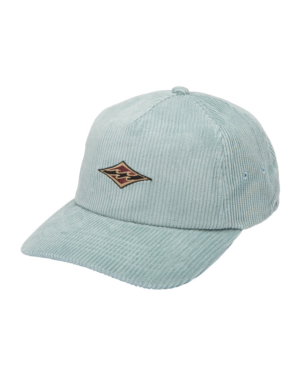 A light blue corduroy cap featuring a small embroidered logo on the front, combining texture and style for a casual look.