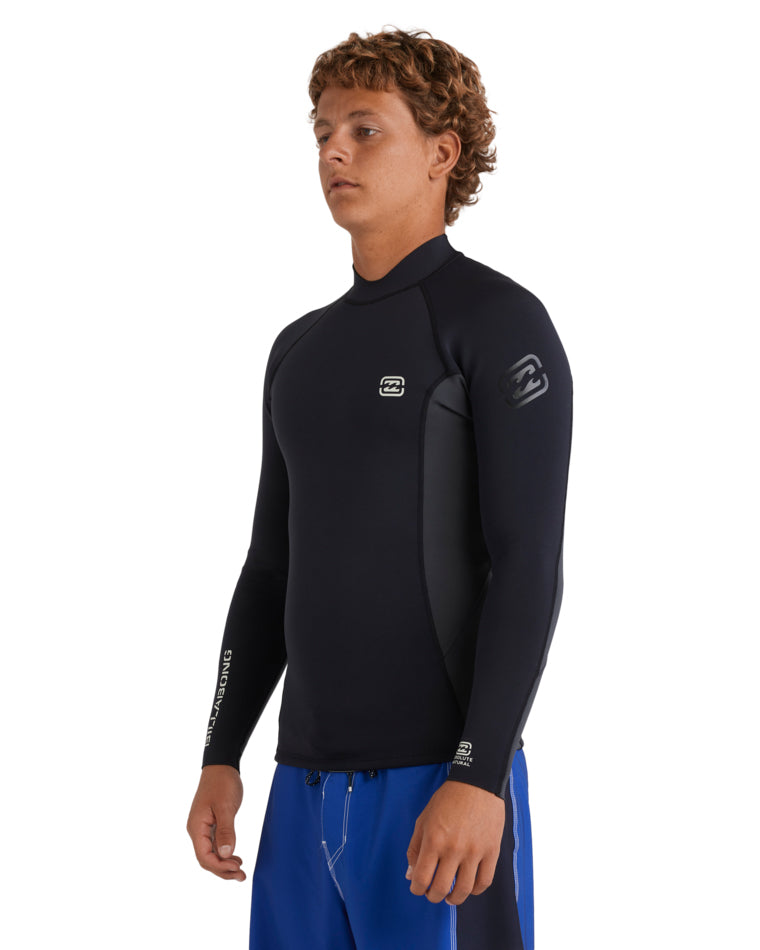 Side view of black wetsuit top showing paneling and branding on arm.