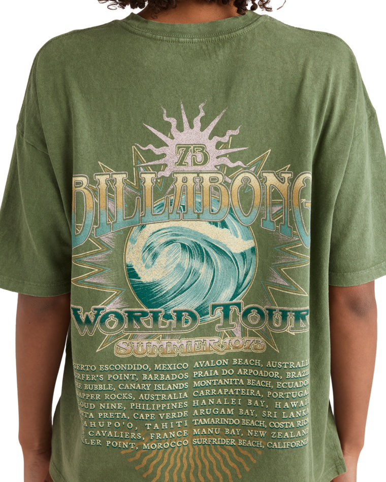 Close-up of vintage-style Billabong World Tour 1973 wave graphic on green tee.