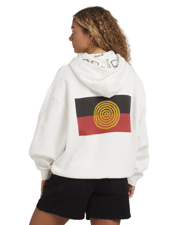 Back view of white hoodie with large Aboriginal flag graphic.