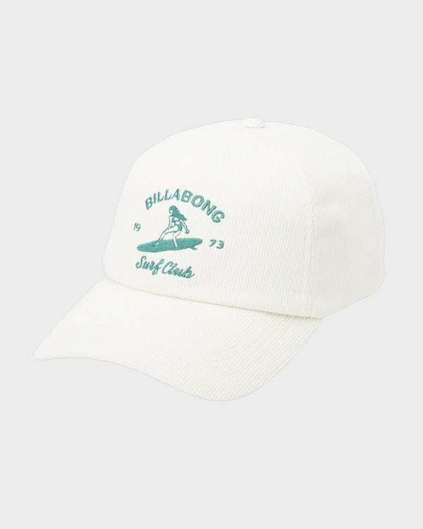 White Billabong cap with green logo on a white background