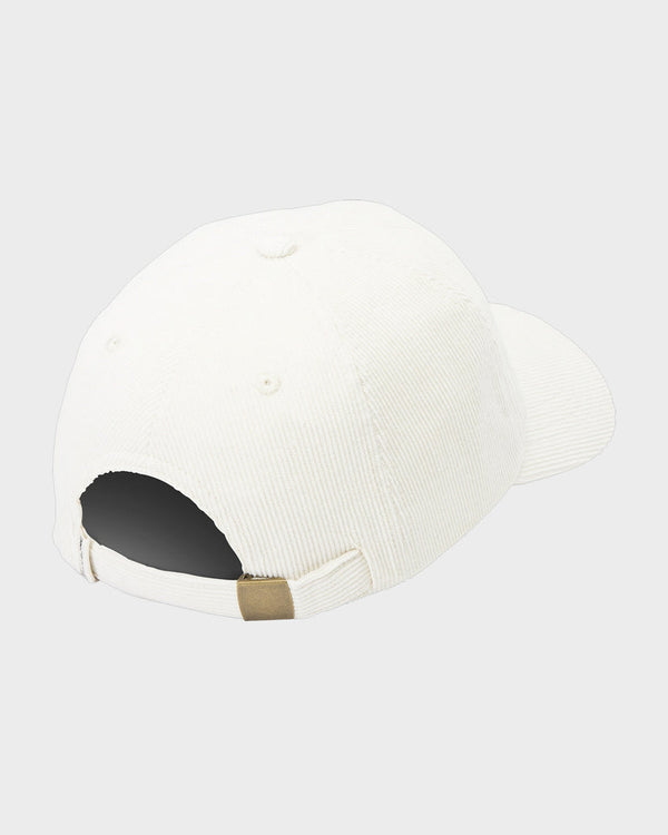 White cap with black and gold accents on a light gray background