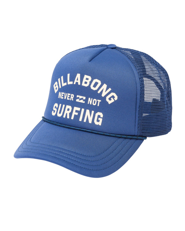 Blue Billabong mesh trucker cap with “Never Not Surfing” print and cord detail.