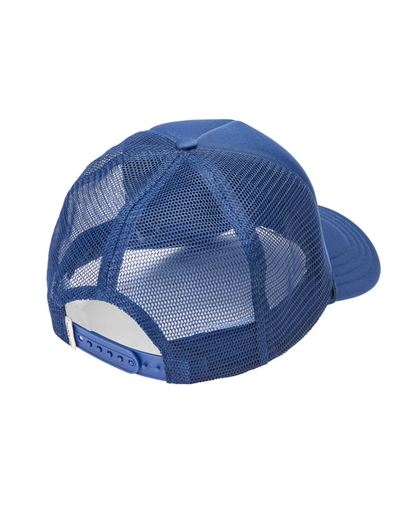 Rear view of blue trucker hat with mesh panels and adjustable snapback.
