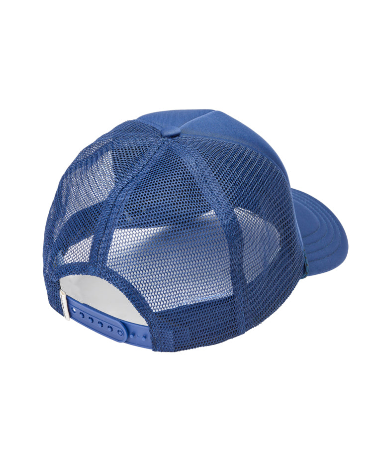 Rear view of blue trucker hat with mesh panels and adjustable snapback.