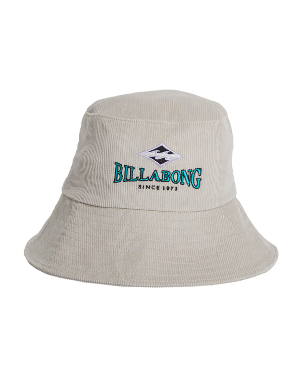 Beige corduroy bucket hat with embroidered Billabong logo in teal and purple on the front.