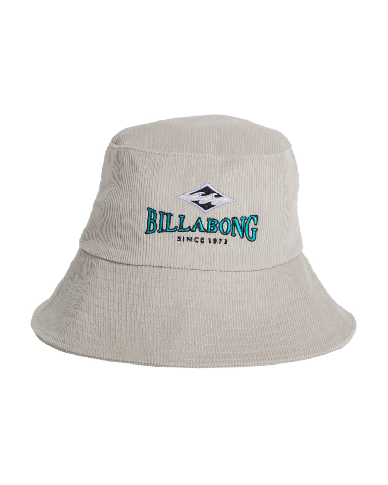 Beige corduroy bucket hat with embroidered Billabong logo in teal and purple on the front.