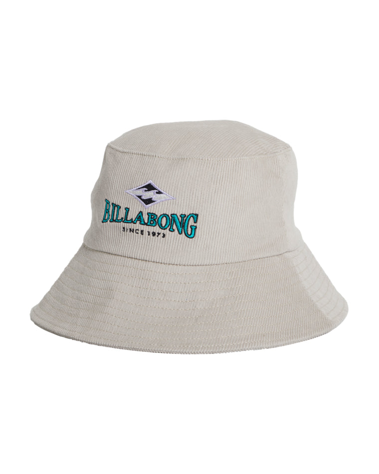 Angled side view of beige corduroy bucket hat showing Billabong front logo.