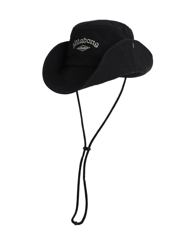  Side angle of black Billabong hat with wide brim and adjustable chin strap.
