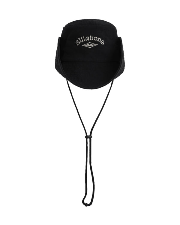 Front view of black wide-brim hat with embroidered "Billabong" logo and chin strap.