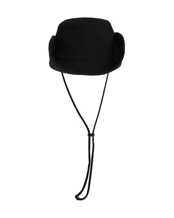 Back view of black hat showing plain crown and chin strap.