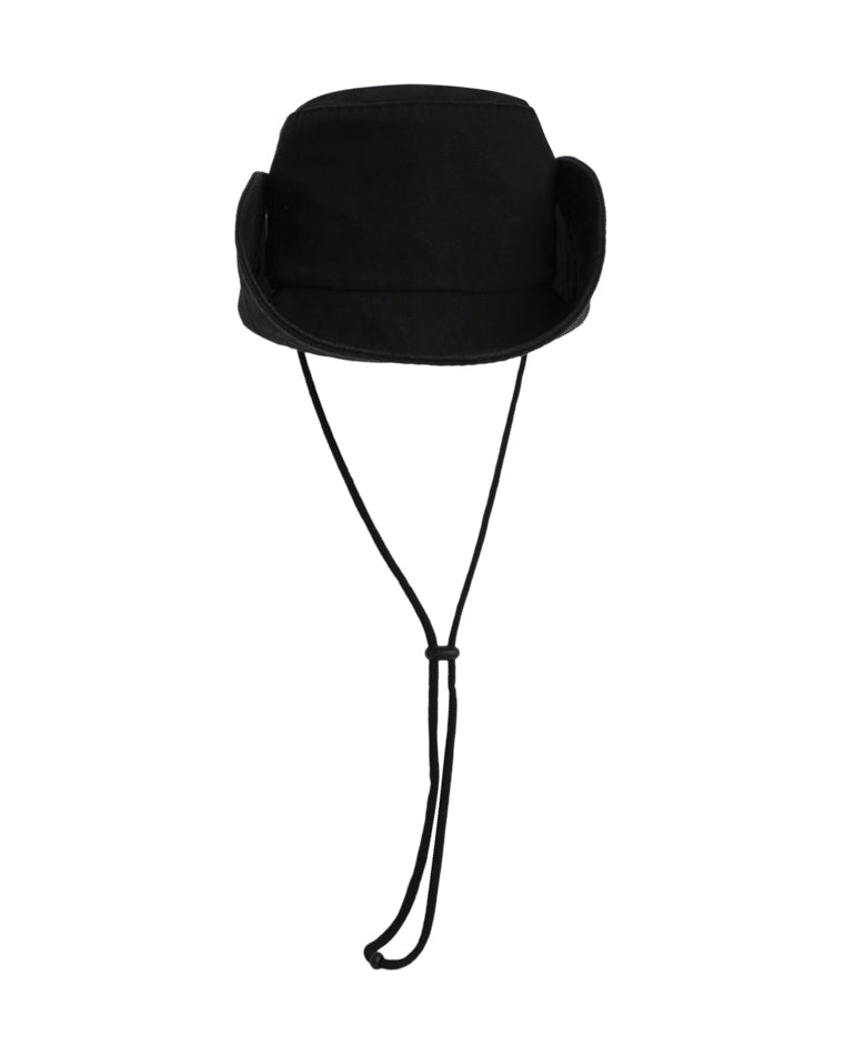 Back view of black hat showing plain crown and chin strap.