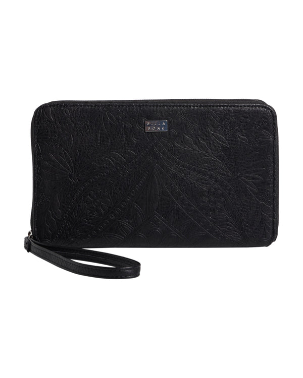 Black embossed leather wallet with wrist strap and metal logo badge on front.