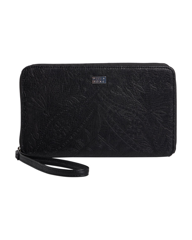 Black embossed leather wallet with wrist strap and metal logo badge on front.