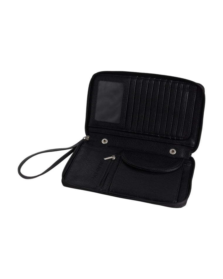 Inside view of wallet showing multiple card slots, coin pouch, and zip compartment.