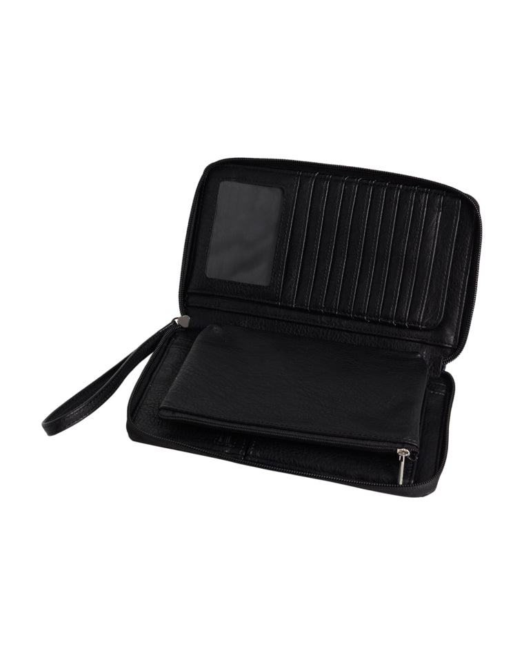 Inside view of wallet with central zip pouch partially covering other compartments.
