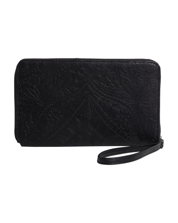 Back view of black embossed leather wallet with floral detailing and wrist strap.