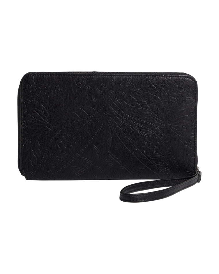 Back view of black embossed leather wallet with floral detailing and wrist strap.