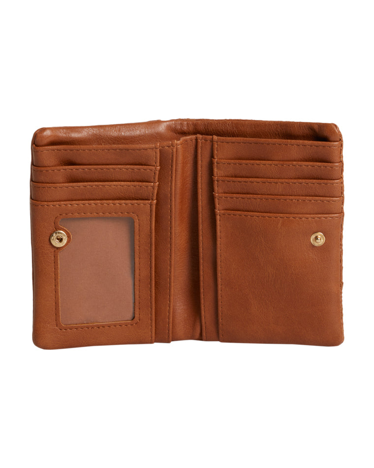 Open tan wallet showing multiple card slots, a clear ID window, and snap-button closures.