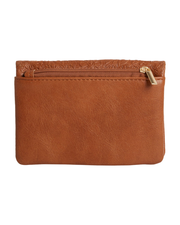 Back view of a tan wallet with a plain finish and zippered coin pocket with a gold zip pull.