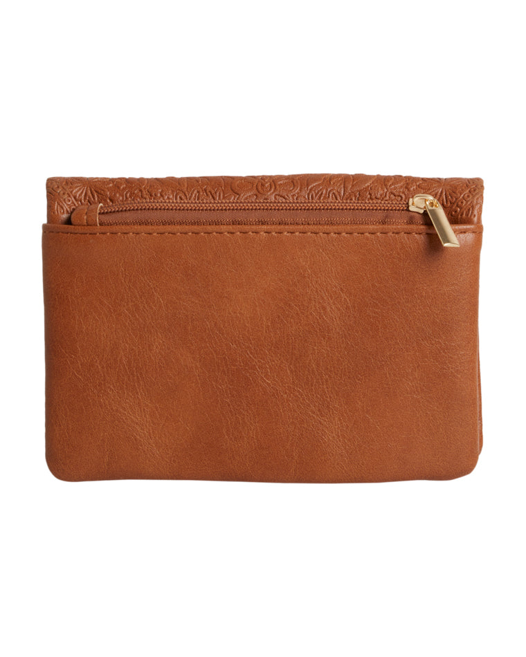 Back view of a tan wallet with a plain finish and zippered coin pocket with a gold zip pull.