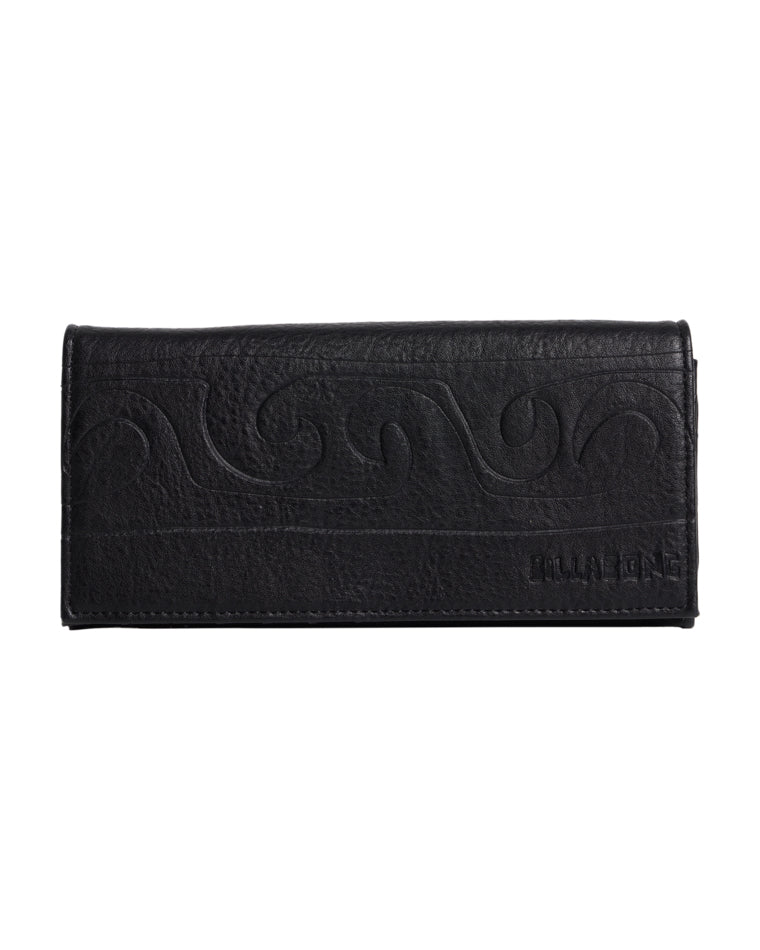 Black Billabong wallet with embossed wave design and logo on front.