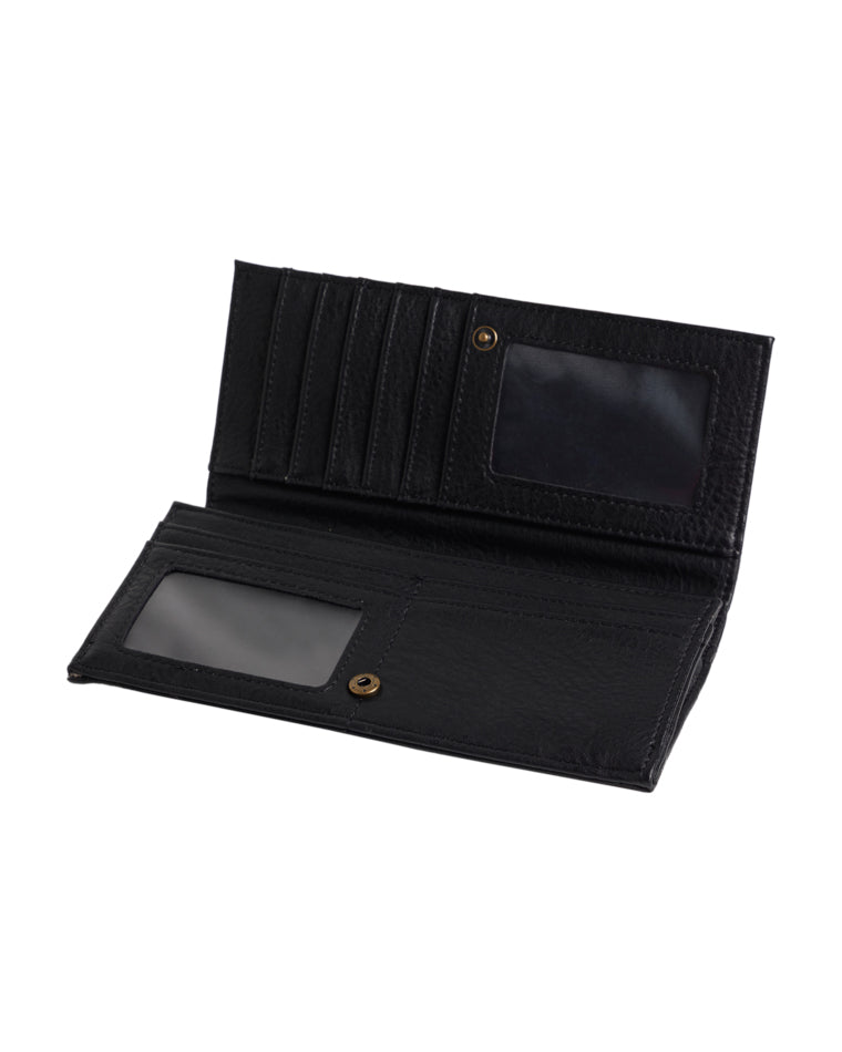 Open black Billabong wallet showing card slots, snap button pockets, and ID windows.
