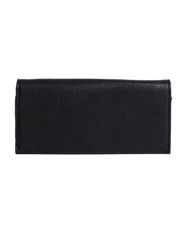 Back of black Billabong wallet with smooth faux leather texture.