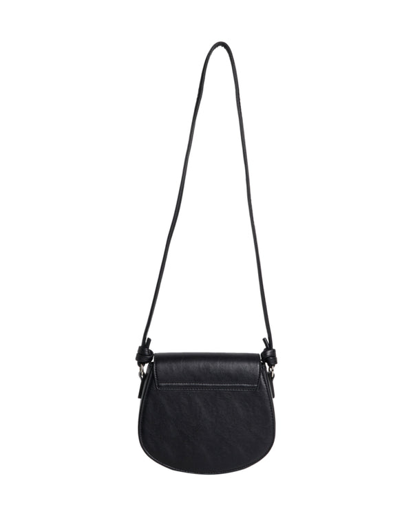 Back view of black crossbody bag with smooth faux leather finish and visible stitching.