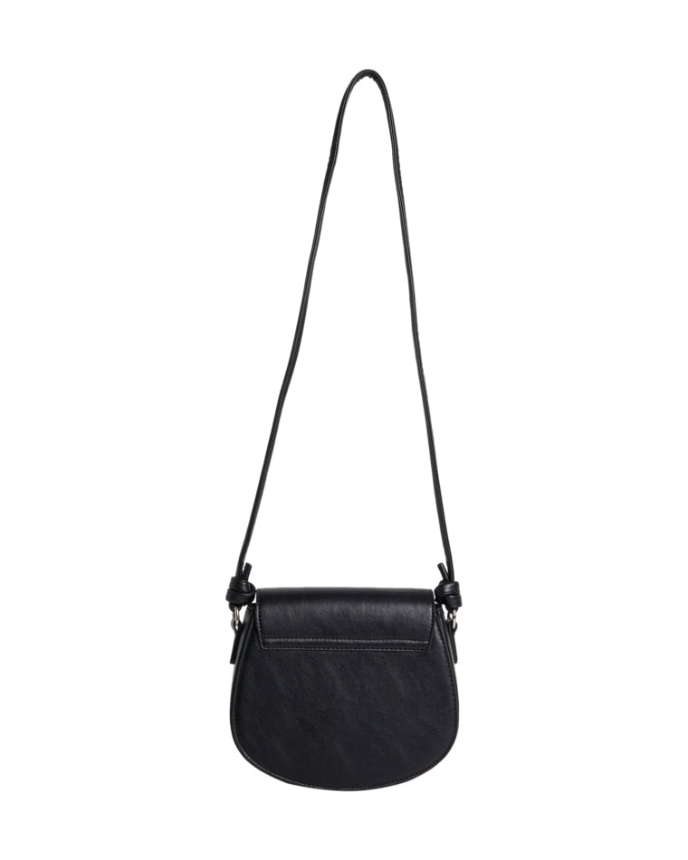 Back view of black crossbody bag with smooth faux leather finish and visible stitching.