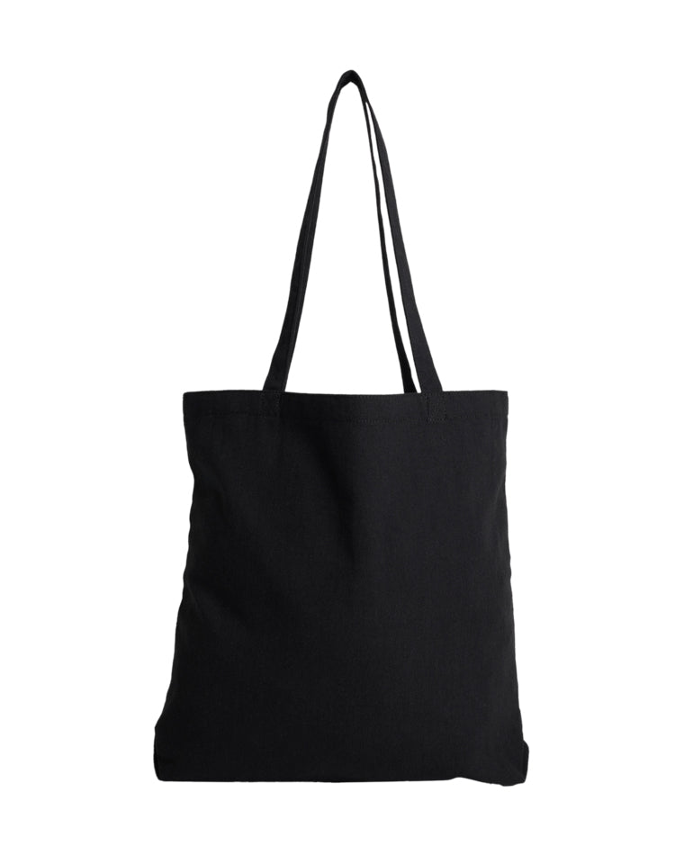 Back view of plain black tote bag with long handles