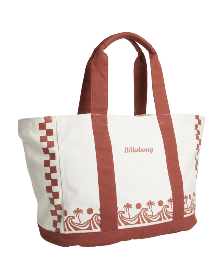 Angled view of the tote showing side panel print and sturdy structure.