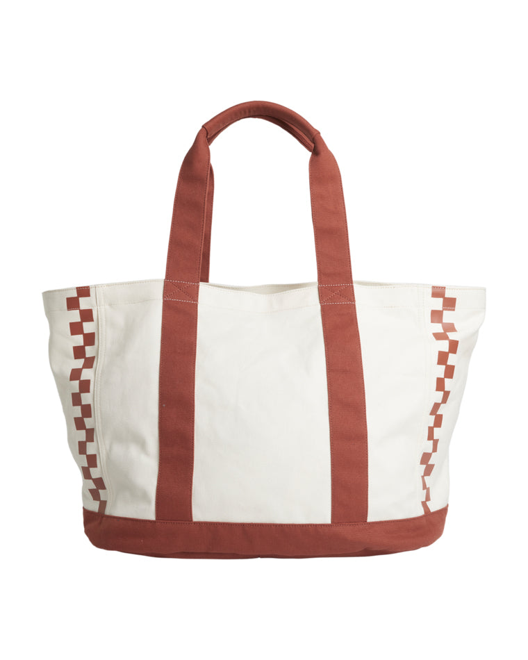 Back view of the tote bag showing plain cream canvas and rust straps.