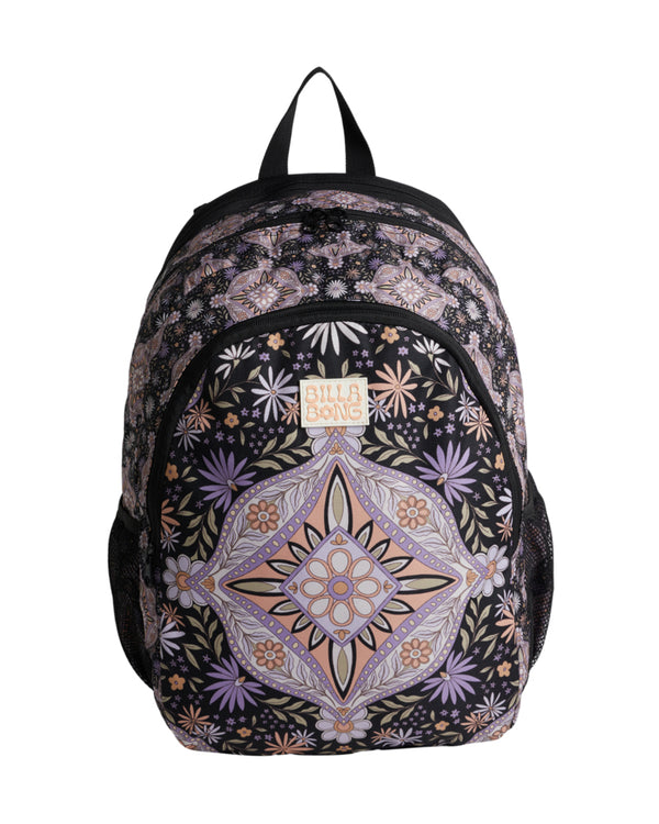 Floral and geometric patterned Billabong backpack, front view with logo patch.