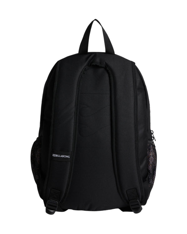 Back view of black backpack with padded straps and subtle logo.