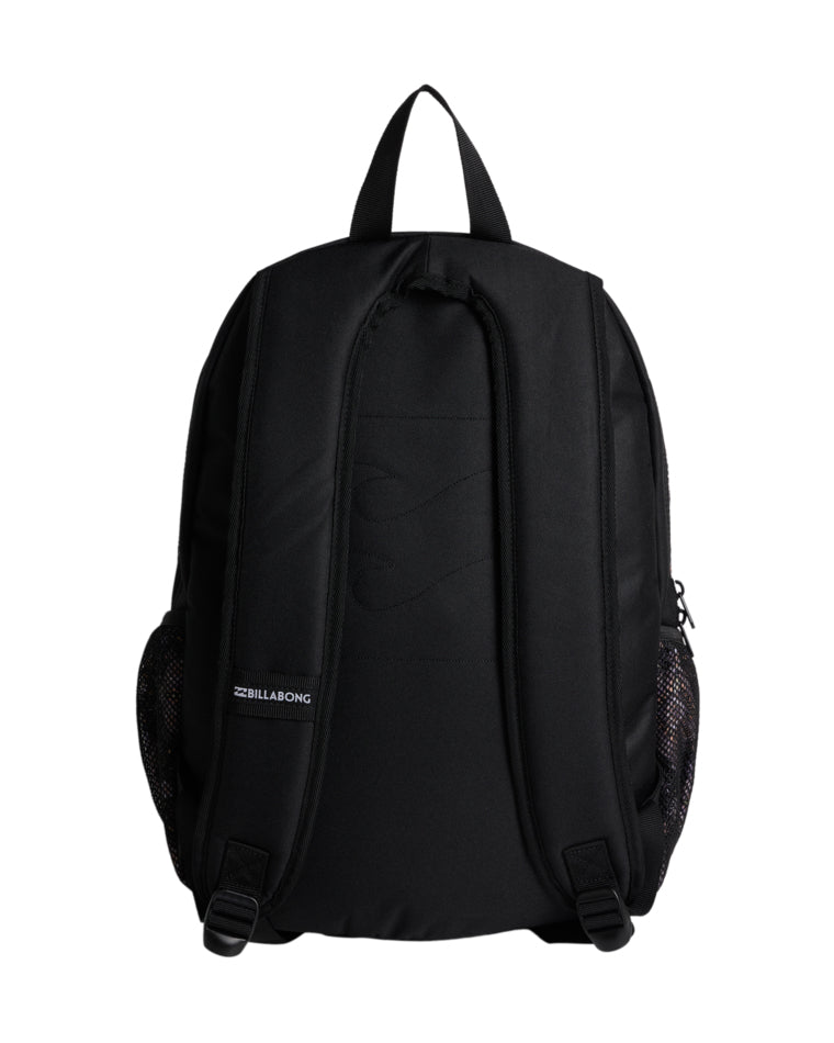 Back view of black backpack with padded straps and subtle logo.