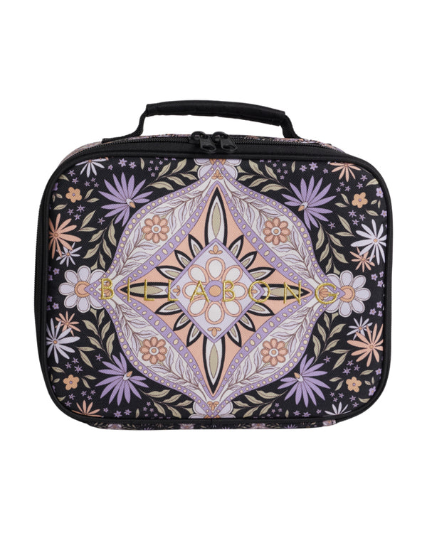 Billabong lunch bag with floral and paisley mandala print and yellow logo.