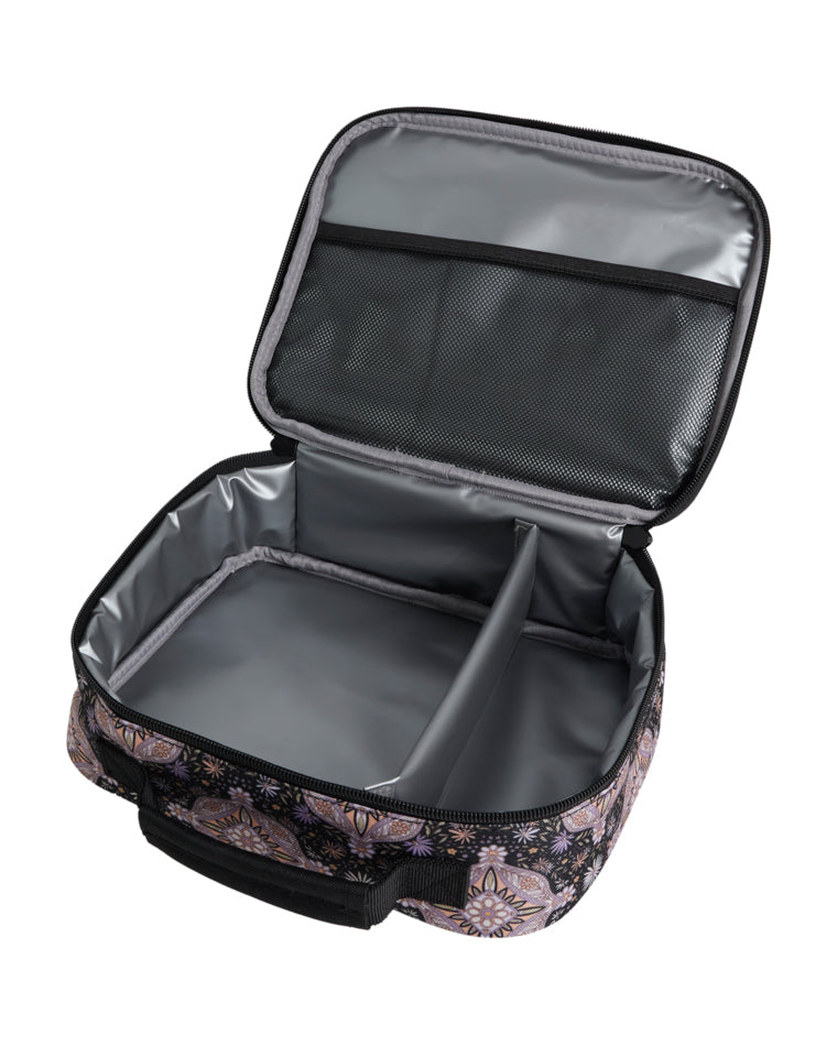 Interior of the lunch bag showing grey insulated lining and mesh pocket in lid.