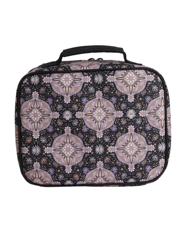 Back of the lunch bag showing repeating floral mandala pattern on black background.