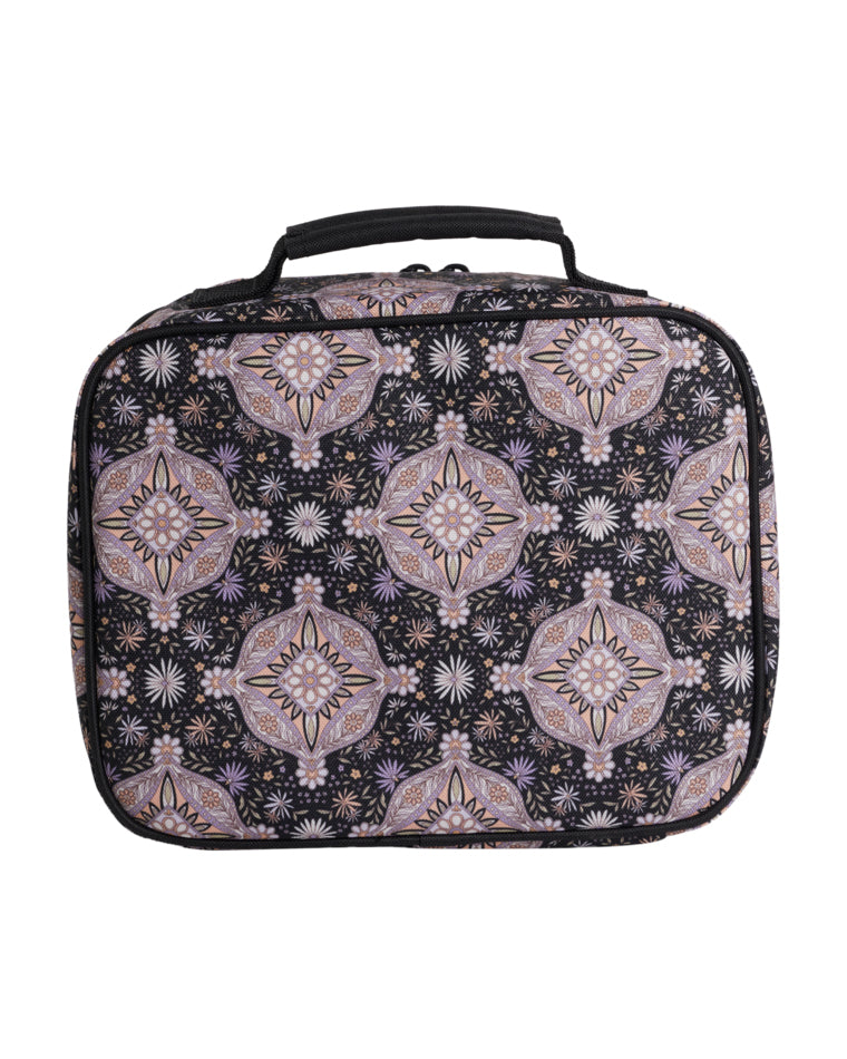 Back of the lunch bag showing repeating floral mandala pattern on black background.