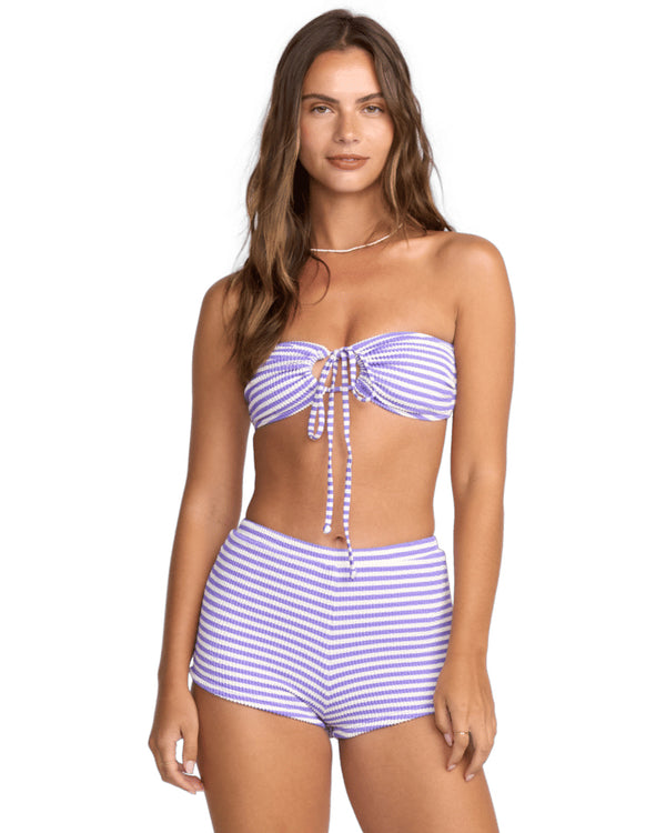 Purple and white striped textured bikini set with high-waisted shorts and bandeau top with front tie detail