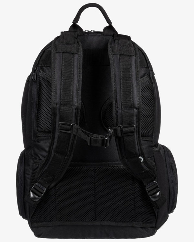 Back view showing padded straps, back support, and chest strap.