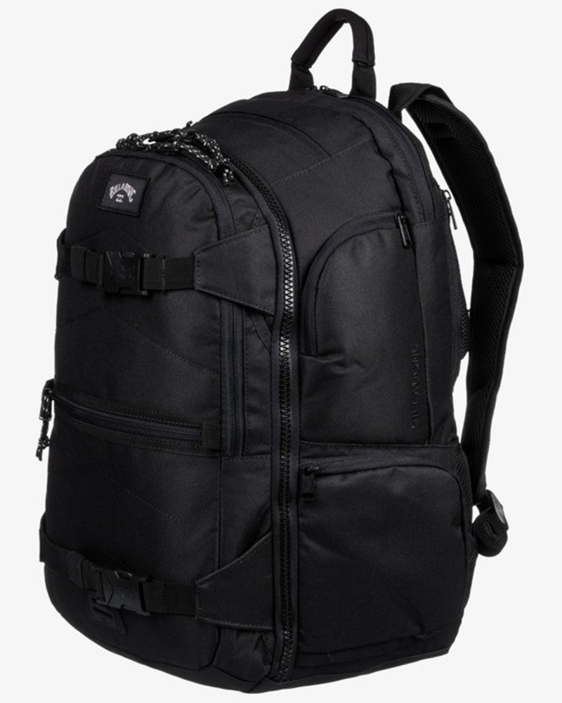 Side view of the backpack displaying storage pockets and curved structure.