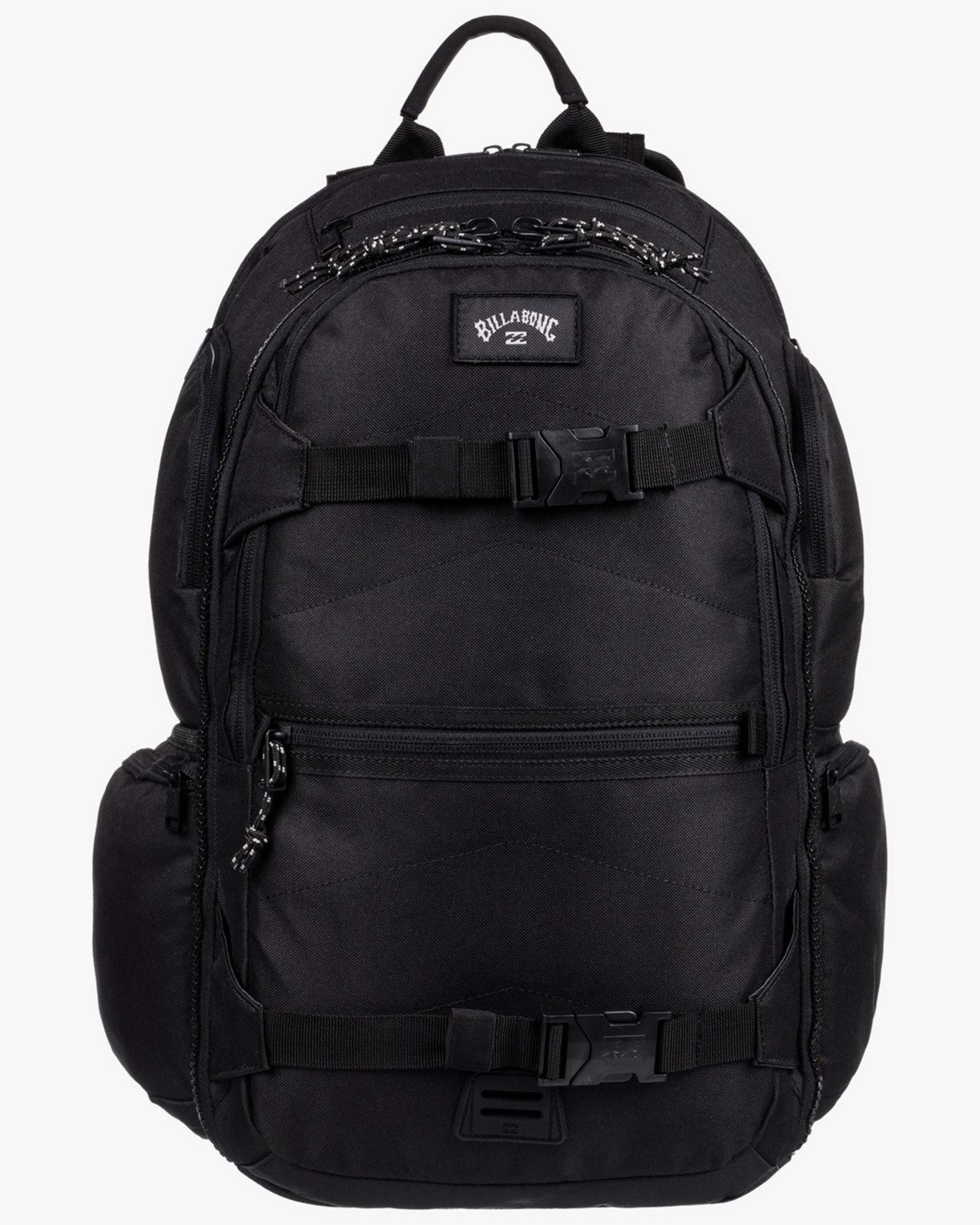 Front view of a black Billabong backpack with top handle, two buckles, and zippered compartments.