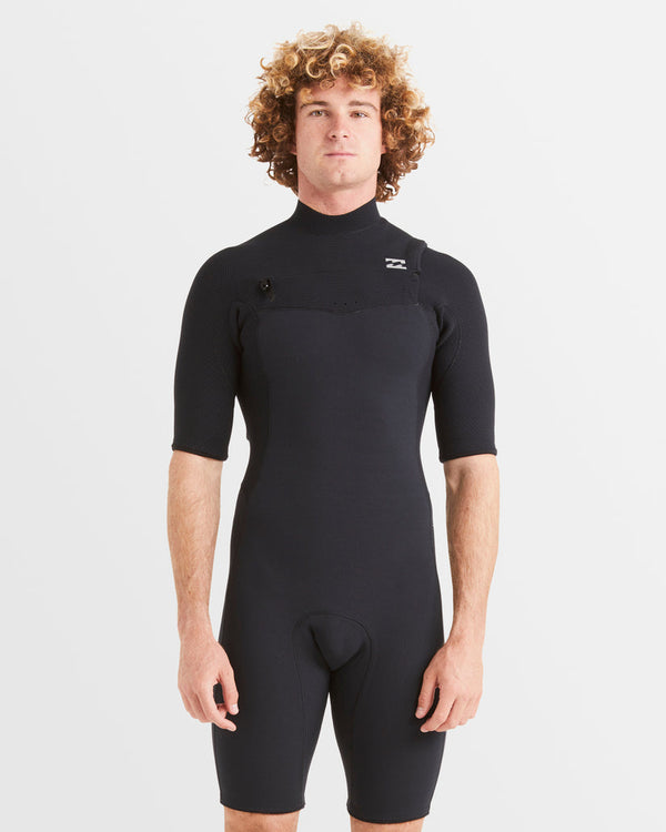 Men's black Billabong short sleeve wetsuit with front chest zip.